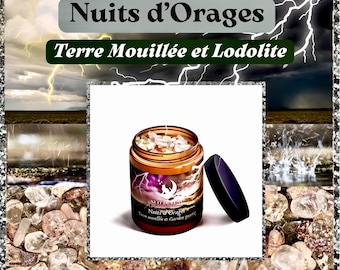 Bougie de luxe artisanale aux cristaux Nuit de Lune NUITS D’ORAGE Terre Mouillée et sa fiole de lodolite/garden quartz