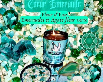 Bougie de luxe artisanale aux cristaux et gemmes COEUR EMERAUDE Fleur d’Eau, Émeraudes de Namibie et Agate fleur verte