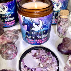 Bougie de luxe artisanale aux cristaux Nuit de Lune LICORNE MALÉFIQUE Violette et Framboise et sa fiole de Pierres de licorne image 9