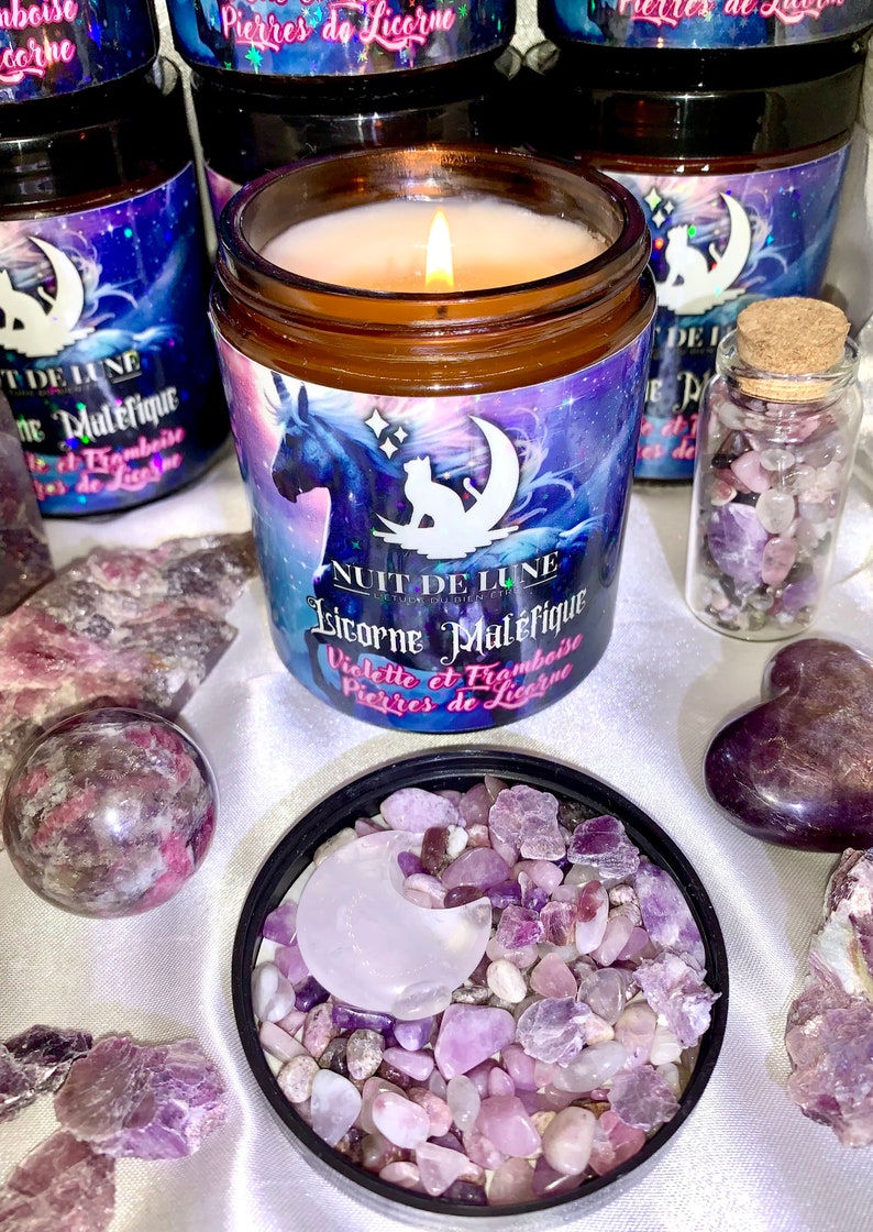 Luxury artisanal candle with Nuit de Lune crystals EVIL UNICORN Violet and Raspberry and its vial of Unicorn Stones image 9