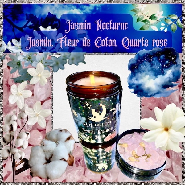 Bougie de luxe artisanale aux cristaux  Nuit de Lune JASMIN NOCTURNE - jasmin, fleur de coton et sa fiole de quartz rose et jasmin séché