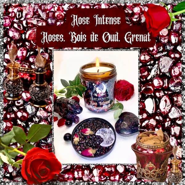 Bougie de luxe artisanale aux cristaux  Nuit de Lune ROSE INTENSE Rose & bois de Oud et sa fiole de cristaux de grenat et roses