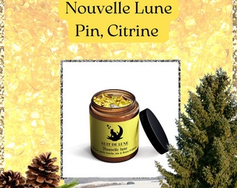 Luxury handcrafted candle with NOUVELLE LUNE Pine crystals, fresh grass, and its vial of Citrine and Albizia flowers