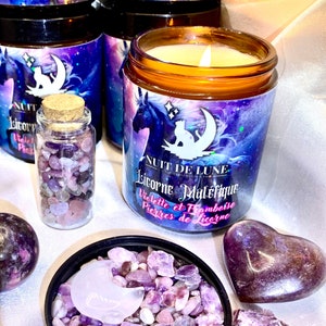 Bougie de luxe artisanale aux cristaux Nuit de Lune LICORNE MALÉFIQUE Violette et Framboise et sa fiole de Pierres de licorne image 7