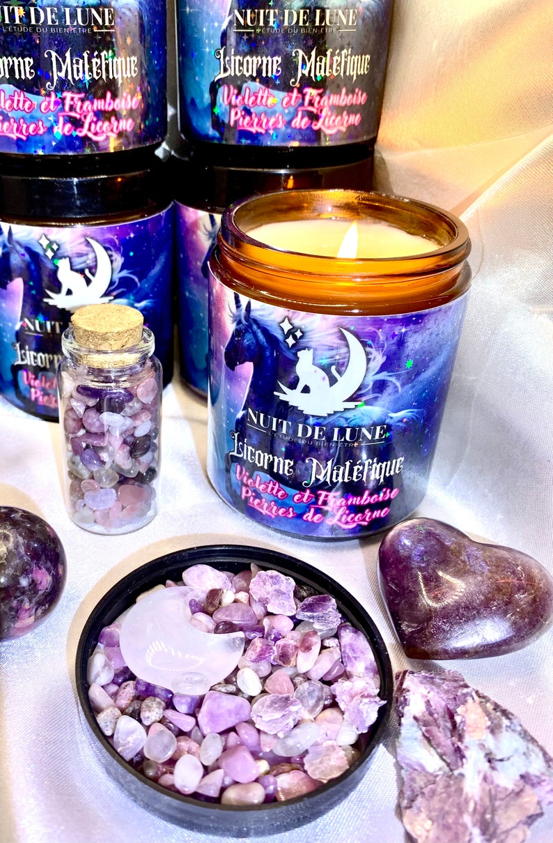 Luxury artisanal candle with Nuit de Lune crystals EVIL UNICORN Violet and Raspberry and its vial of Unicorn Stones image 7