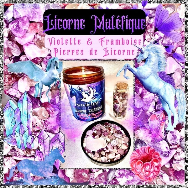 Bougie de luxe artisanale aux cristaux Nuit de Lune LICORNE MALÉFIQUE Violette et Framboise- et sa fiole de Pierres de licorne