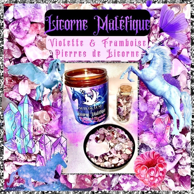 Bougie de luxe artisanale aux cristaux Nuit de Lune LICORNE MALÉFIQUE Violette et Framboise et sa fiole de Pierres de licorne image 1