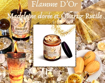 Bougie de luxe artisanale aux cristaux FLAMME D’OR Madeleine dorée et Quartz Rutile