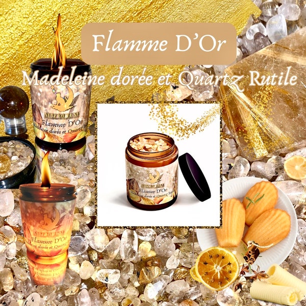 Bougie de luxe artisanale aux cristaux FLAMME D’OR Madeleine dorée et Quartz Rutile