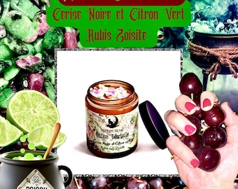 Bougie de luxe artisanale POTION MORTELLE Cerise Noire et Citron Vert Rubis Zoisite