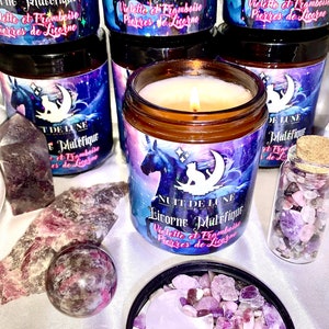 Luxury artisanal candle with Nuit de Lune crystals EVIL UNICORN Violet and Raspberry and its vial of Unicorn Stones image 3