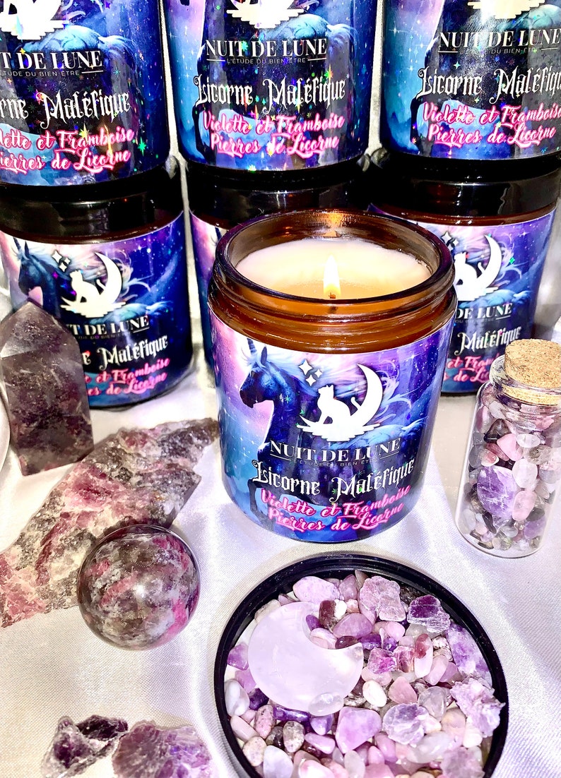 Bougie de luxe artisanale aux cristaux Nuit de Lune LICORNE MALÉFIQUE Violette et Framboise et sa fiole de Pierres de licorne image 3