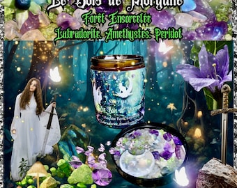 Luxury handcrafted candle with crystals Le BOIS DE MORGANE Ensorcelée Forest (Pine, Cedar, Patchouli) Labradorite, Amethyst, Peridot