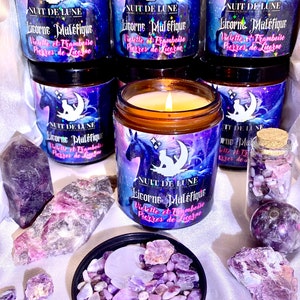 Bougie de luxe artisanale aux cristaux Nuit de Lune LICORNE MALÉFIQUE Violette et Framboise et sa fiole de Pierres de licorne image 5