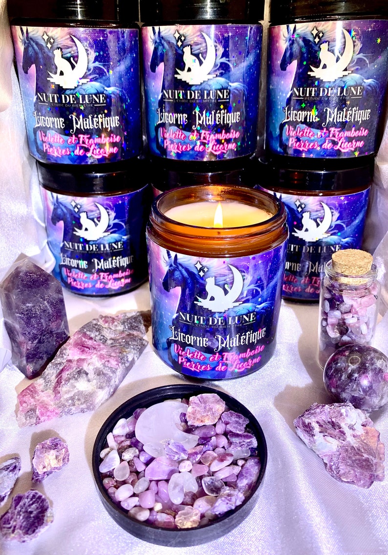 Bougie de luxe artisanale aux cristaux Nuit de Lune LICORNE MALÉFIQUE Violette et Framboise et sa fiole de Pierres de licorne image 5
