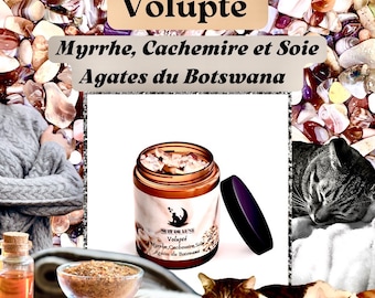 Bougie de luxe artisanale Nuit de Lune VOLUPTÉ Parfumée Myrrhe, Cashmere et soie et sa fiole d’Agates du Botswana