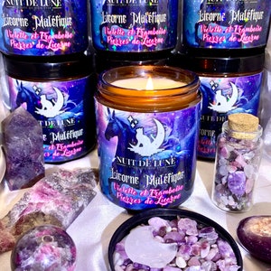 Luxury artisanal candle with Nuit de Lune crystals EVIL UNICORN Violet and Raspberry and its vial of Unicorn Stones image 8