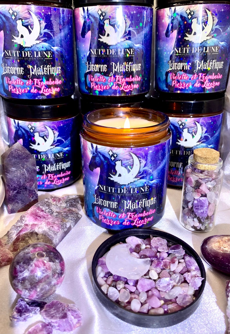 Bougie de luxe artisanale aux cristaux Nuit de Lune LICORNE MALÉFIQUE Violette et Framboise et sa fiole de Pierres de licorne image 8