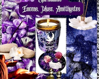 Bougie de luxe artisanale aux cristaux Nuit de Lune SPIRITUALITE, Encens et Musc et sa fiole d’amethystes et fleurs de gomphrena