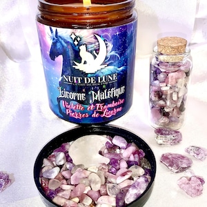 Bougie de luxe artisanale aux cristaux Nuit de Lune LICORNE MALÉFIQUE Violette et Framboise et sa fiole de Pierres de licorne image 2