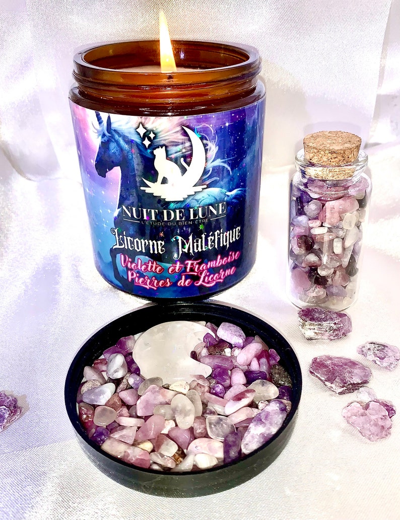 Luxury artisanal candle with Nuit de Lune crystals EVIL UNICORN Violet and Raspberry and its vial of Unicorn Stones image 2