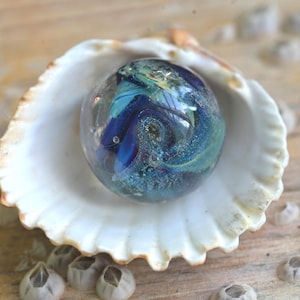 May include: A blue and green glass marble with swirls of color, resting in a white seashell.