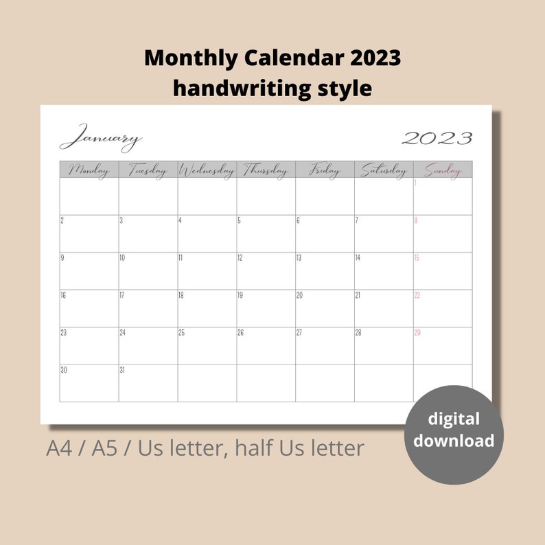 Monthly Calendar 2023 Handwriting Style Print A4a5us - Etsy Australia