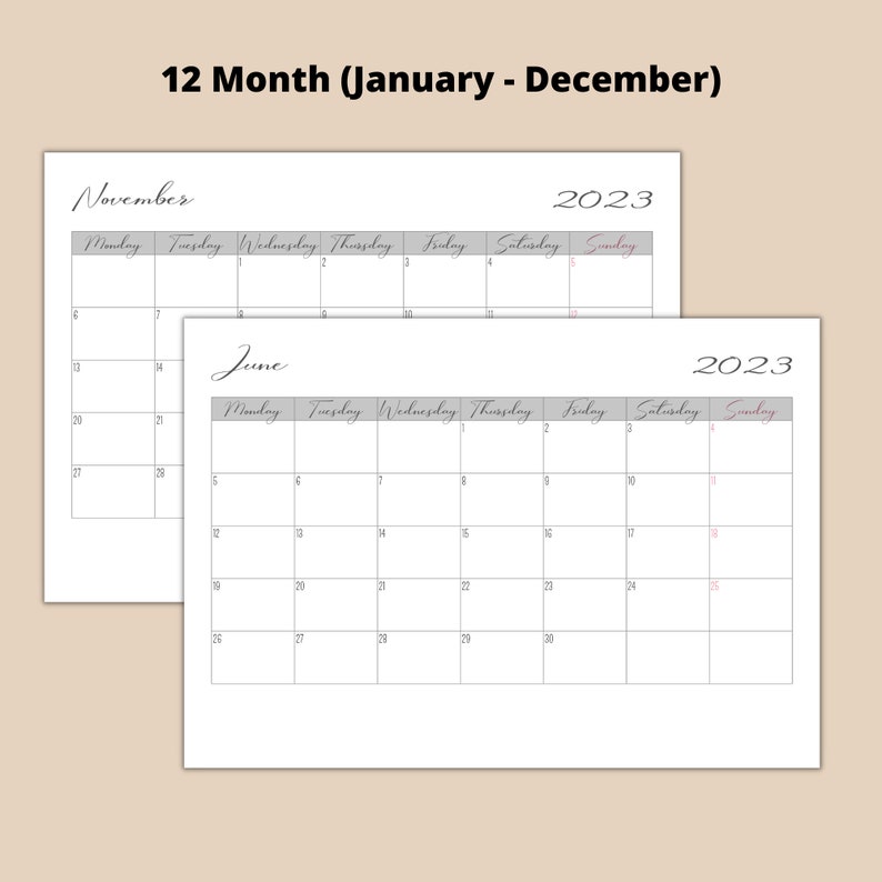 Monthly Calendar 2023 Handwriting Style Printable A4 A5 Us Etsy UK