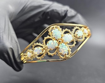 Fire Opal Clover Bracelet, 14K Gold Plated 925 Sterling Silver Bangle