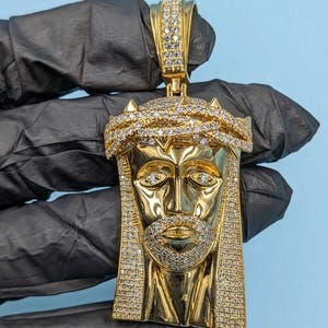 Iced Out Jesus Piece Pendant, Moissanite, Gold Plated Sterling Silver Christ Necklace