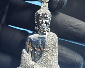 Iced Out Buddha Pendant Silver Tone Moissanite Pave Spiritual Hip Hop Jewelry, Meditating Buddha Charm, Statement Gift for Men and Women