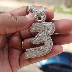 May include: Silver-toned pendant in the shape of the number 3, encrusted with small, sparkling stones. A small dog figure sits atop the number. The pendant is held in a hand.