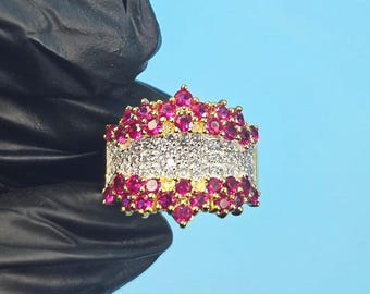 Wide Band Ruby And Diamond Ring, Statement Cocktail Ring for Women, Gold Plated Cluster Ring, Sparkling Anniversary & Party Jewelry