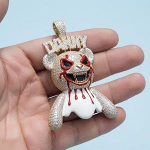Moissanite Scary Bear Hip Hop Bear Charm Iced Out Horror Pendant Gold Plated