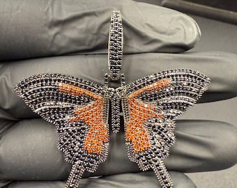 Iced Out Butterfly Pendant, Black & Orange Diamond Charm, Hip Hop Necklace