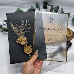Premium acryluitnodigingsset, acryluitnodigingskaart, luxe unieke huwelijksuitnodiging versierd met natuurlijke gedroogde bloemen, heldere uitnodigingen