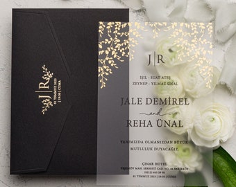 Elegant Acrylic Wedding Invitation Set with Gold Foil Accents and Black Envelope