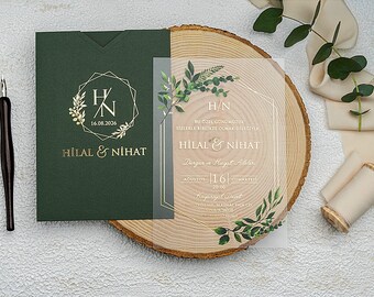 Acrylic Wedding Invitations, Green Wedding Invitations, Floral Wedding Invitations, Bridal Shower Card, Luxury Invitation Cards