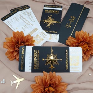 Ensemble de faire-part de mariage passeport de luxe - Carte d'embarquement en feuille d'or noir - Thème de voyage élégant pour les mariages à destination