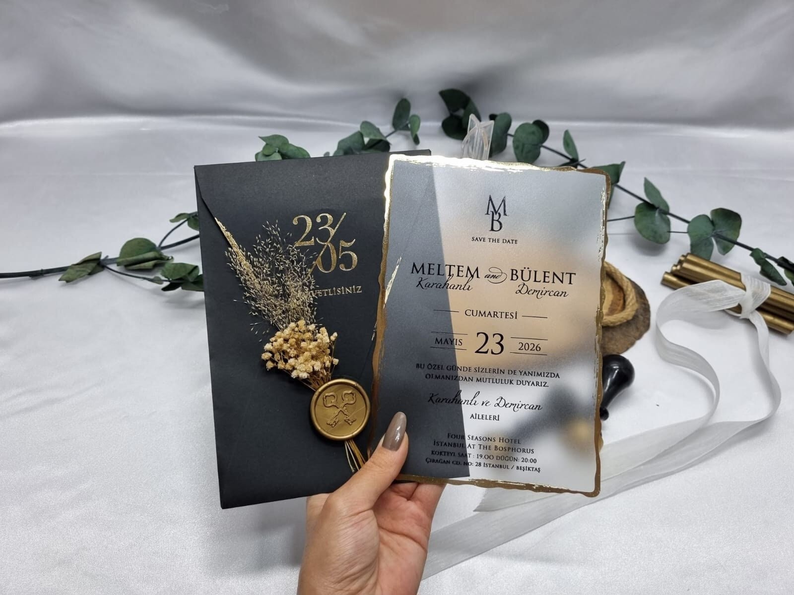 Juego de invitaciones de acrílico premium, tarjeta de invitación de acrílico, invitación de boda única de lujo decorada con flores secas naturales, tarjeta personalizada