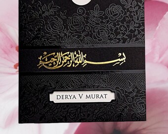 Handmade Islamic Wedding Invitation: Black & Gold Arabic Card
