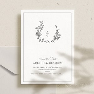 Elegant Save the Date Template, Botanical Crest, Printable Save Our Date Card, Editable, Templett INSTANT Download image 2