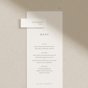 Marque-place pour menu de mariage imprimé, classique, élégant, menu de mariage simple