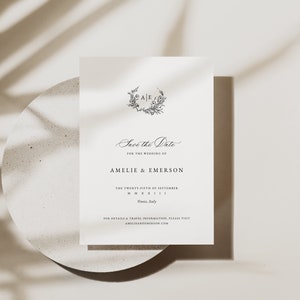 Elegante Save-the-Date-Kartenvorlage, Monogramm-Wappen, bearbeitbare Save-Our-Date-Karte zum Ausdrucken, Templett-Sofort-Download [Amelie]