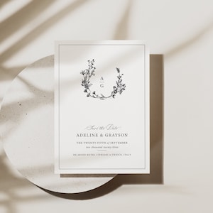 Elegante Save the Date-sjabloon, Botanische Crest, Afdrukbare Save Our Date Card, Bewerkbare, Templett INSTANT Download