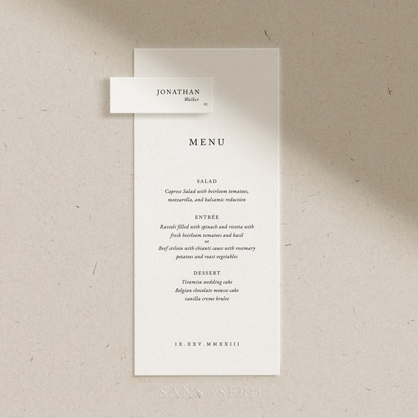 Printed Wedding Menu Name Place Card, Classic, Elegant, Simple Wedding Menu