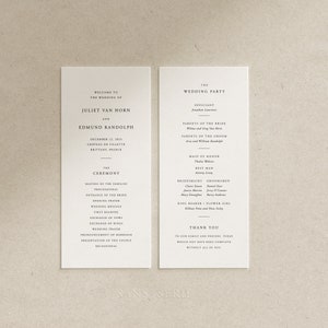 ミニマリストの結婚式プログラム テンプレート、クラシックな結婚式セレモニー プログラム、印刷可能、編集可能、背の高いプログラム、Templett 即時ダウンロード