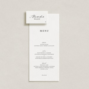Modello di menu di nozze classico stampabile, segnaposto con nome, menu di nozze eleganti