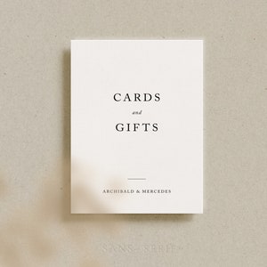 Minimalistische trouwkaarten en geschenken tekensjabloon, bruiloft bewegwijzering, afdrukbare tabel bruiloft receptie teken, bewerkbare sjabloon [Archibald]