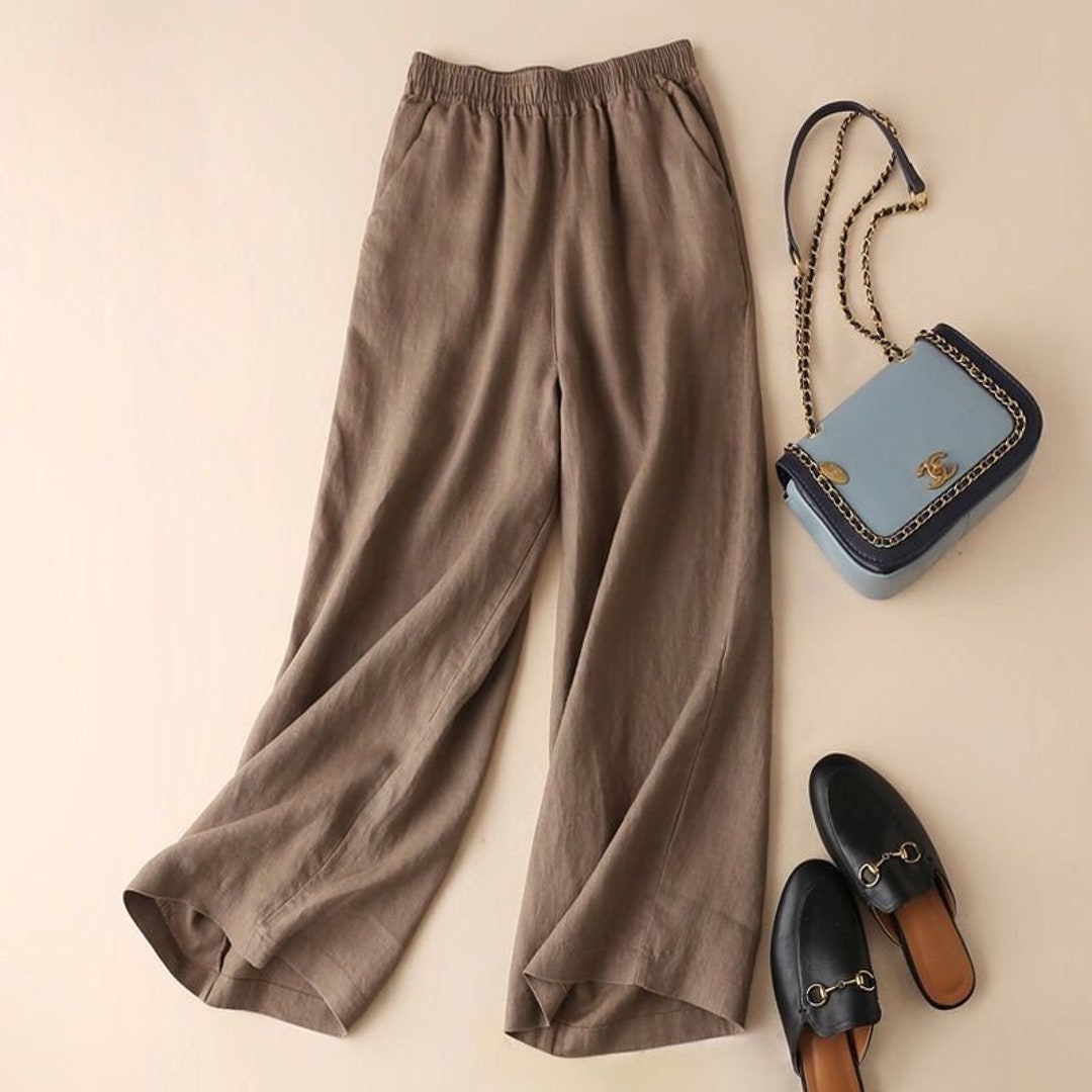 Women 100 Linen Pants Wide Leg Crop Pants Elastic Waist Etsy